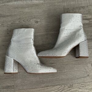 Qupid Mariko rhinestone metallic satin ankle boots in silver